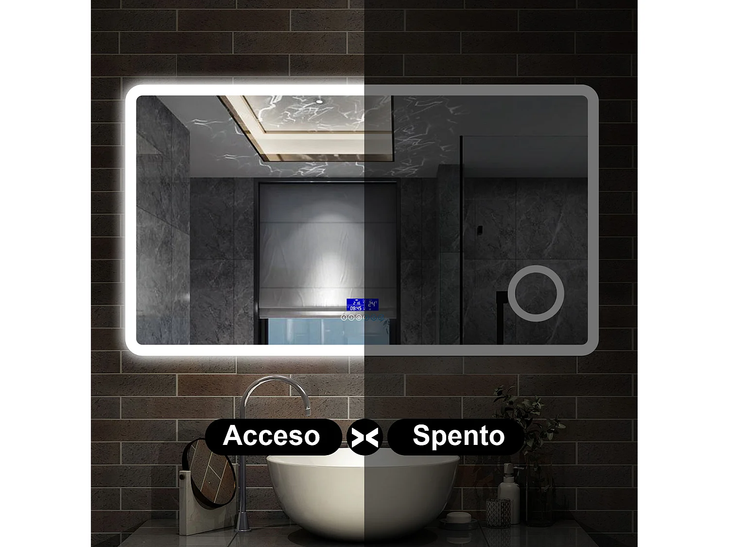 120 x 70 cm,AICA Specchio da Bagno LED con Luce, 3 Colori Regolabili,Blue tooth, Ingrandimento, orologio,memoria, antiappannamento,CRI>90,autospegnimento