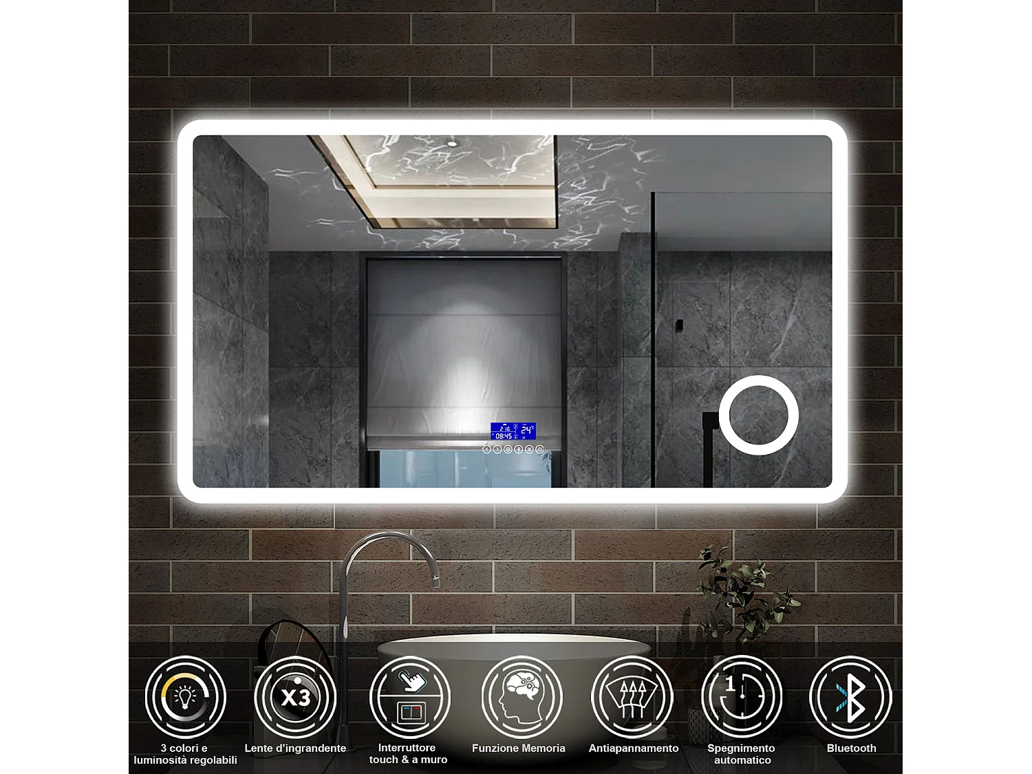 120 x 70 cm,AICA Specchio da Bagno LED con Luce, 3 Colori Regolabili,Blue tooth, Ingrandimento, orologio,memoria, antiappannamento,CRI>90,autospegnimento