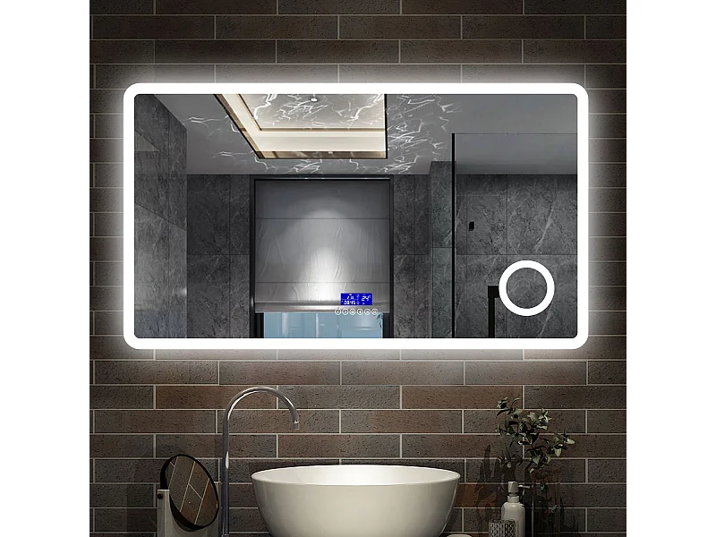 120 x 70 cm,AICA Specchio da Bagno LED con Luce, 3 Colori Regolabili,Blue tooth, Ingrandimento, orologio,memoria, antiappannamento,CRI>90,autospegnimento