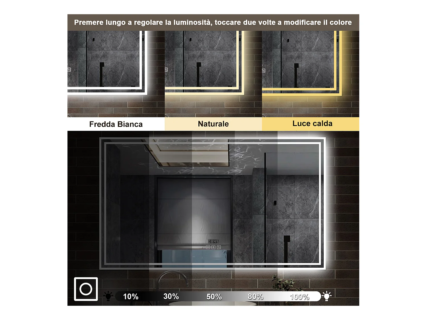 160 x 80 cm,AICA Specchio da Bagno LED con Luce, 3 Colori Regolabili,Blue tooth,orologio,memoria, antiappannamento,CRI>90,autospegnimento