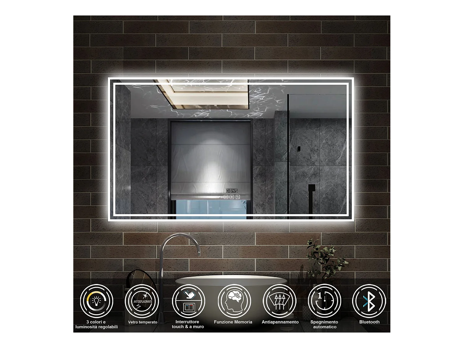 160 x 80 cm,AICA Specchio da Bagno LED con Luce, 3 Colori Regolabili,Blue tooth,orologio,memoria, antiappannamento,CRI>90,autospegnimento