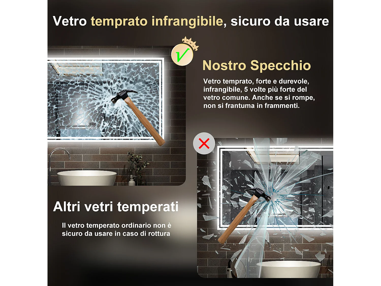 160 x 80 cm,AICA Specchio da Bagno LED con Luce, 3 Colori Regolabili,Blue tooth,orologio,memoria, antiappannamento,CRI>90,autospegnimento