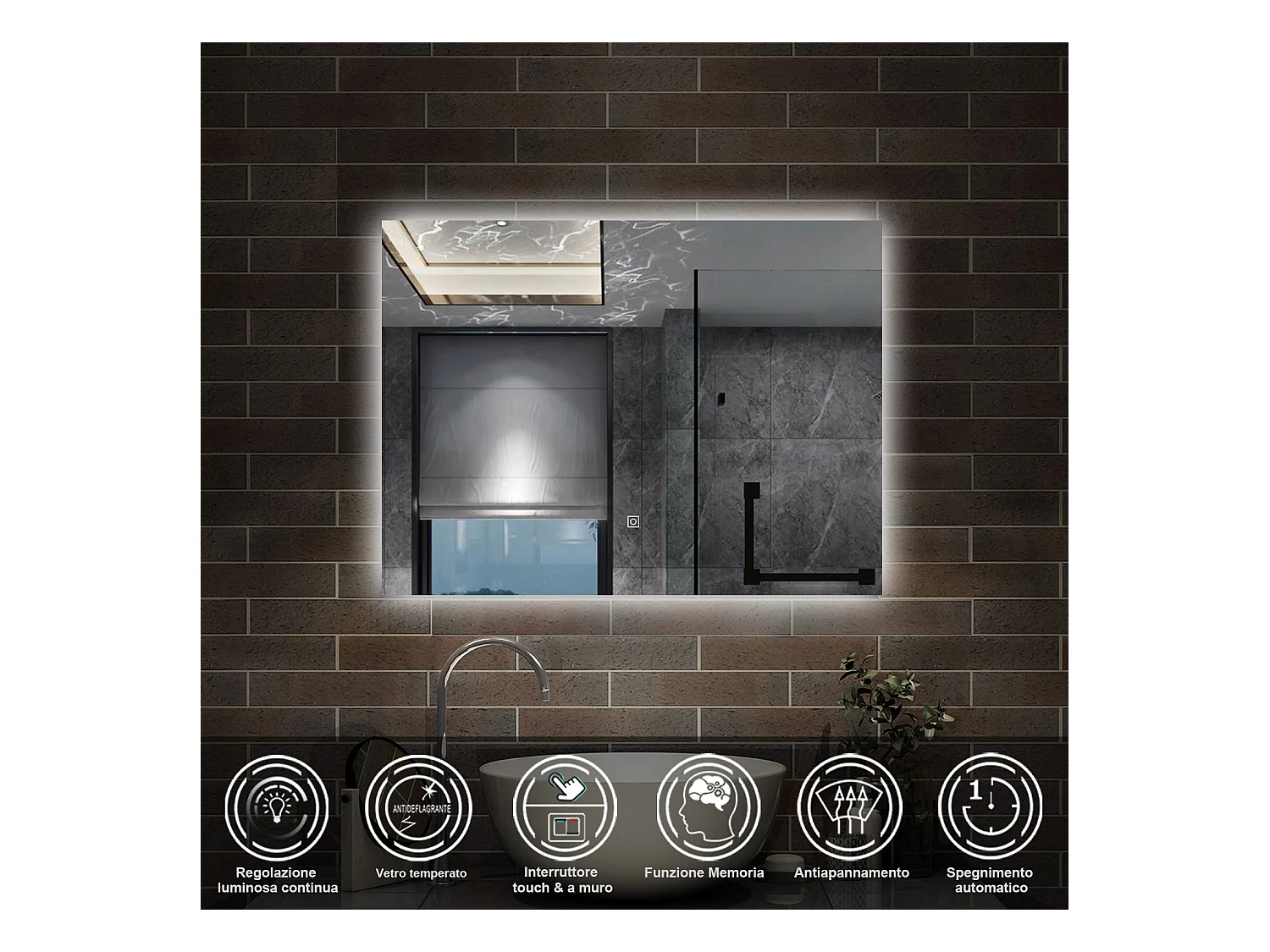 80 x 60 cm,AICA Specchio da Bagno LED con Luce, memoria, antiappannamento,CRI>90,autospegnimento,interruttore touch