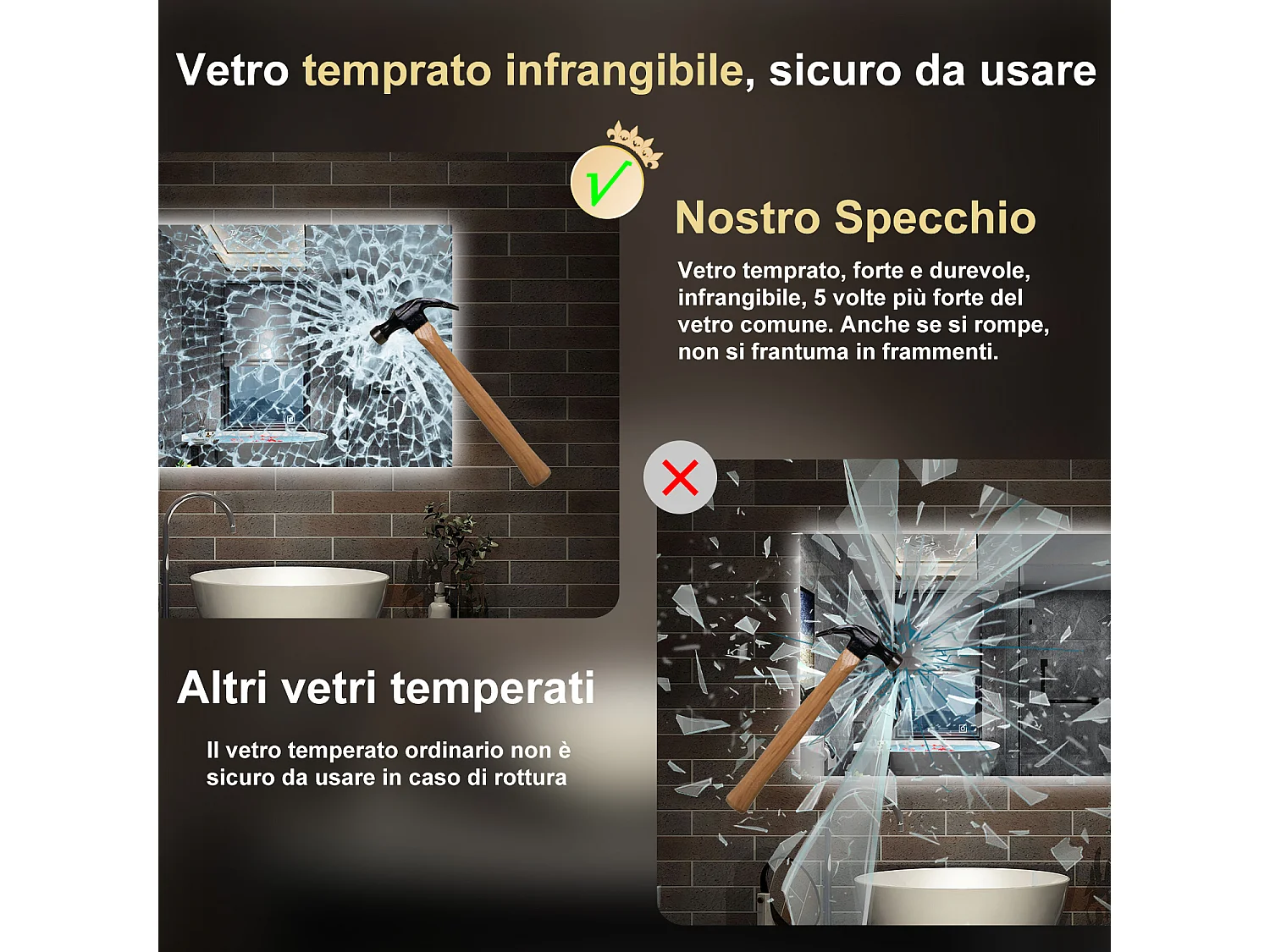 80 x 60 cm,AICA Specchio da Bagno LED con Luce, memoria, antiappannamento,CRI>90,autospegnimento,interruttore touch