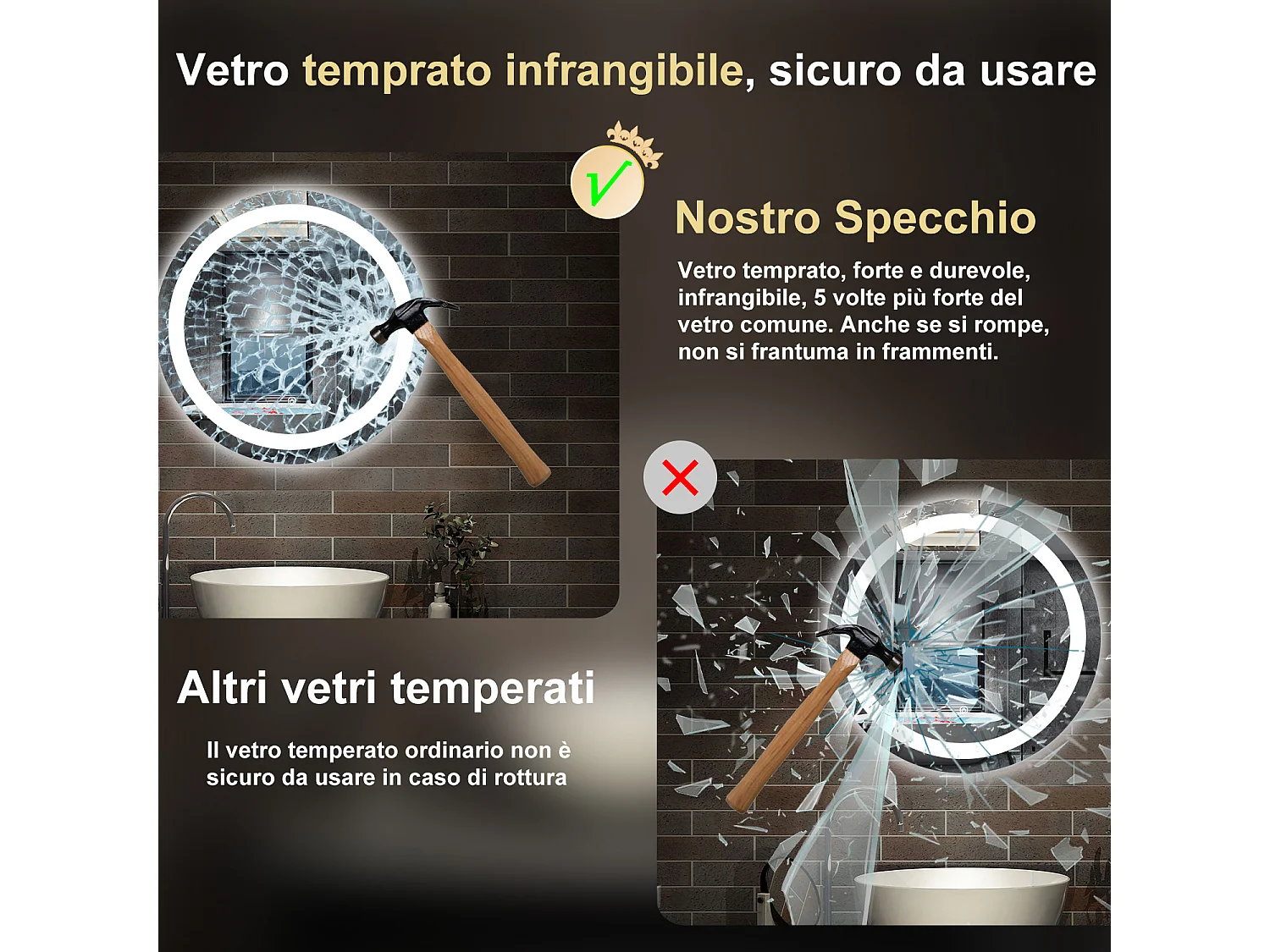 60 x 60 cm,AICA Specchio da Bagno LED con Luce, memoria, antiappannamento,CRI>90,autospegnimento,interruttore touch