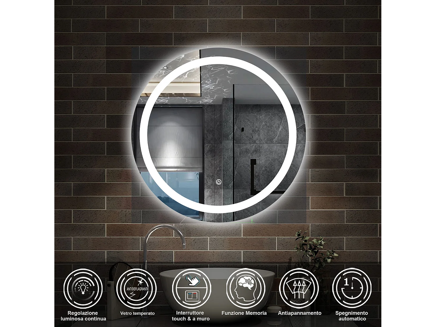 60 x 60 cm,AICA Specchio da Bagno LED con Luce, memoria, antiappannamento,CRI>90,autospegnimento,interruttore touch