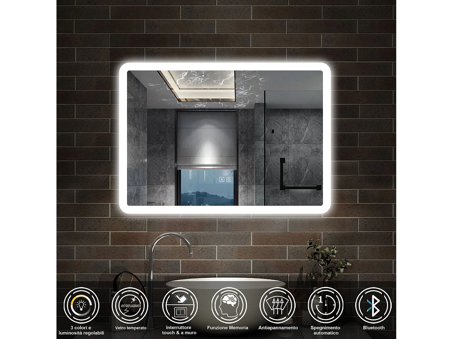 100 x 60 cm,AICA Specchio da Bagno LED con Luce, 3 Colori Regolabili,Blue tooth,memoria, antiappannamento,CRI>90,autospegnimento