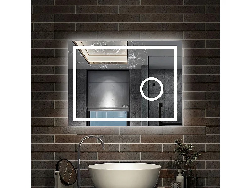 80 x 60 cm,AICA Specchio da Bagno LED con Luce, 3 Colori Regolabili,Blue tooth, Ingrandimento,memoria, antiappannamento,CRI>90,autospegnimento
