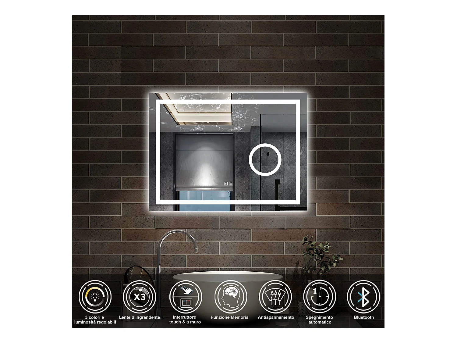 80 x 60 cm,AICA Specchio da Bagno LED con Luce, 3 Colori Regolabili,Blue tooth, Ingrandimento,memoria, antiappannamento,CRI>90,autospegnimento