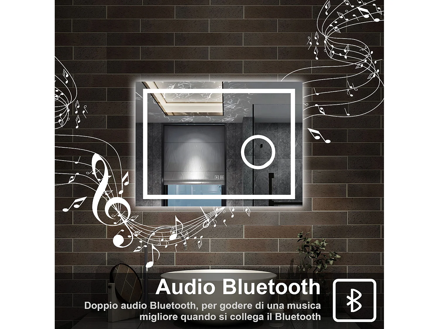 80 x 60 cm,AICA Specchio da Bagno LED con Luce, 3 Colori Regolabili,Blue tooth, Ingrandimento,memoria, antiappannamento,CRI>90,autospegnimento