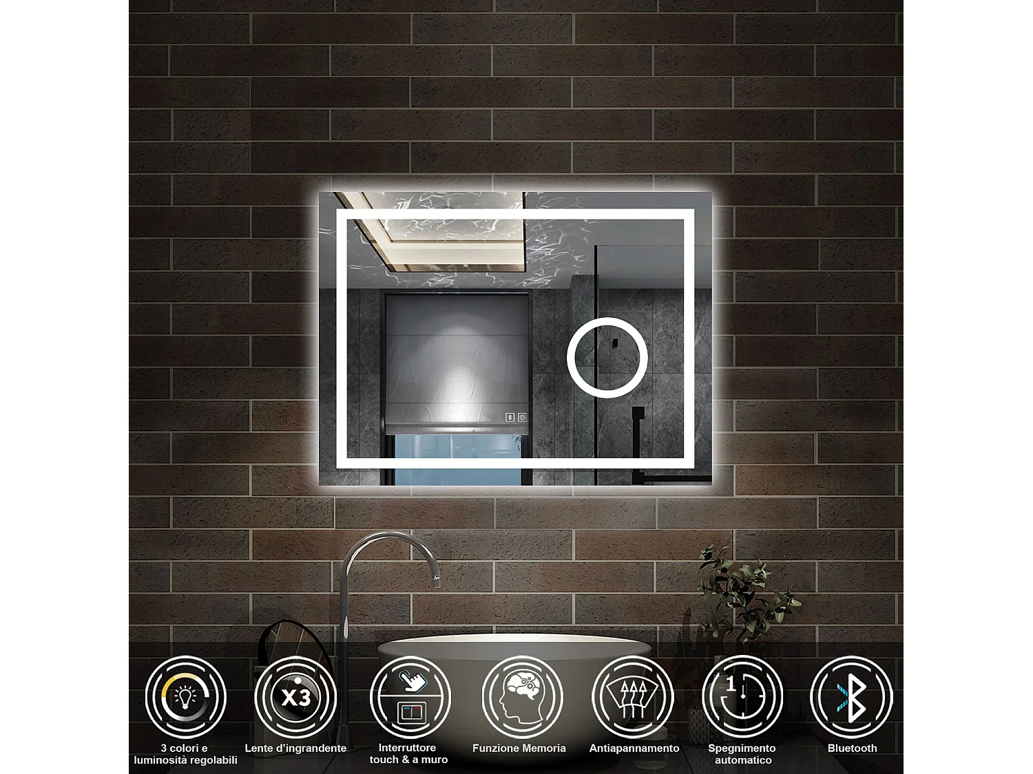 80 x 60 cm,AICA Specchio da Bagno LED con Luce, 3 Colori Regolabili,Blue tooth, Ingrandimento,memoria, antiappannamento,CRI>90,autospegnimento