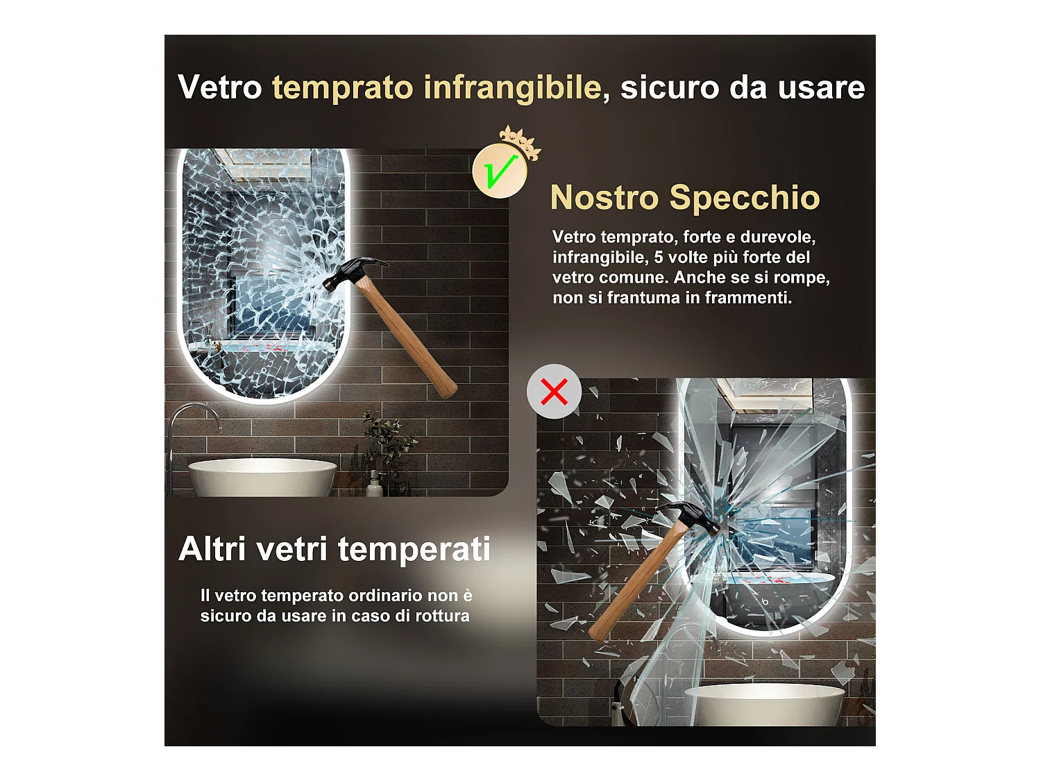 50 x 90 cm,AICA Specchio da Bagno LED con Luce,Regolabili,memoria, antiappannamento,CRI>90,autospegnimento