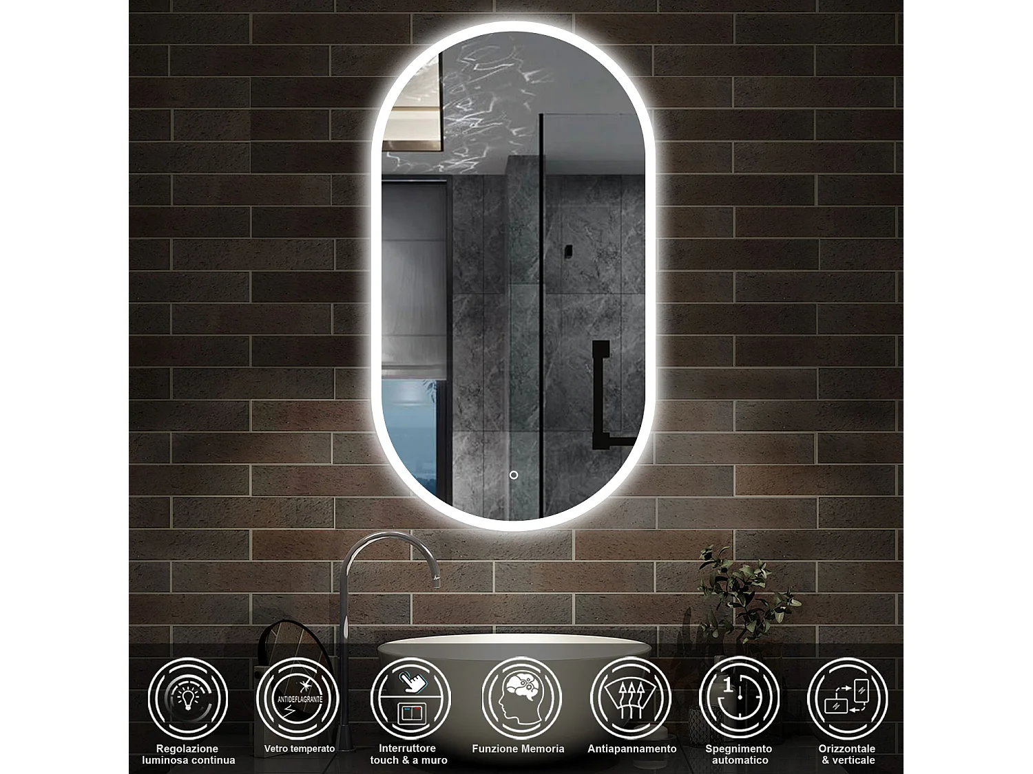 50 x 90 cm,AICA Specchio da Bagno LED con Luce,Regolabili,memoria, antiappannamento,CRI>90,autospegnimento