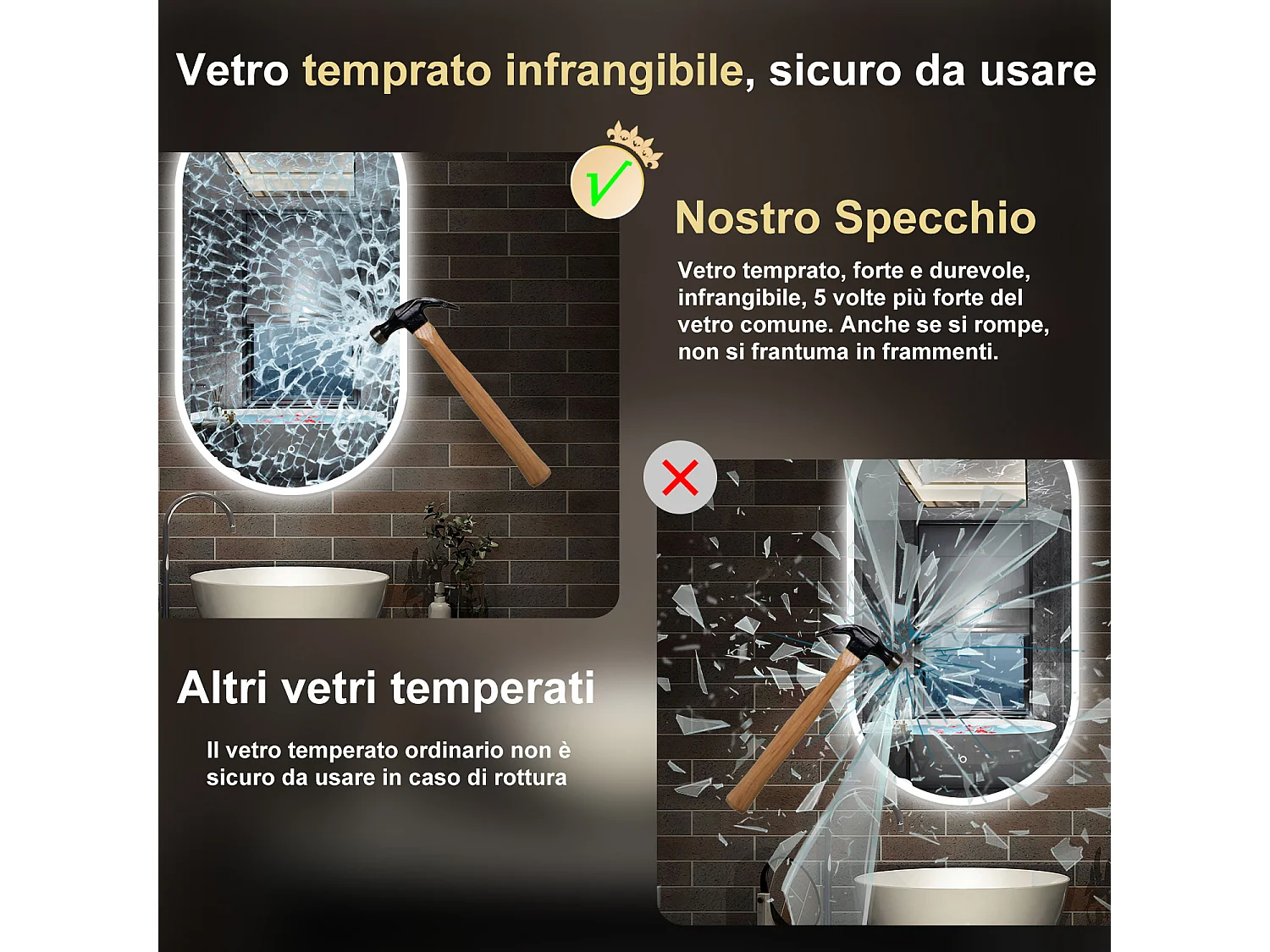 50 x 90 cm,AICA Specchio da Bagno LED con Luce,Regolabili,memoria, antiappannamento,CRI>90,autospegnimento