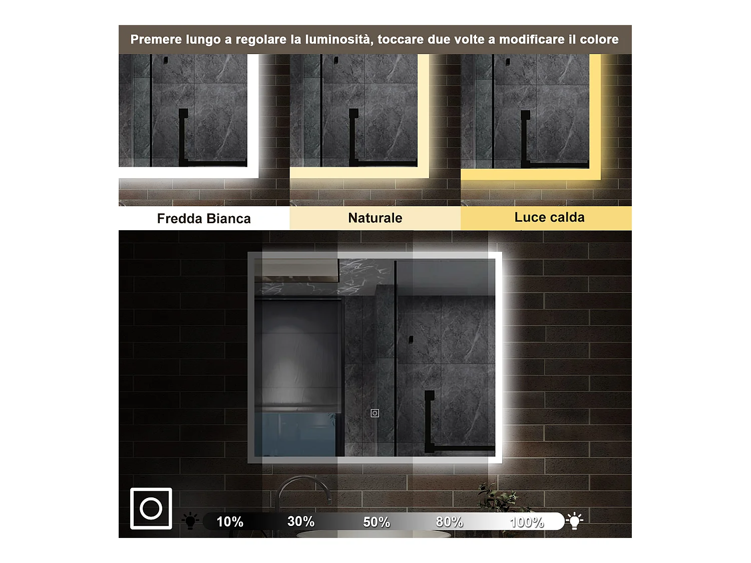90 x 70 cm,AICA Specchio da Bagno LED con Luce, 3 Colori Regolabili,memoria, antiappannamento,CRI>90,autospegnimento