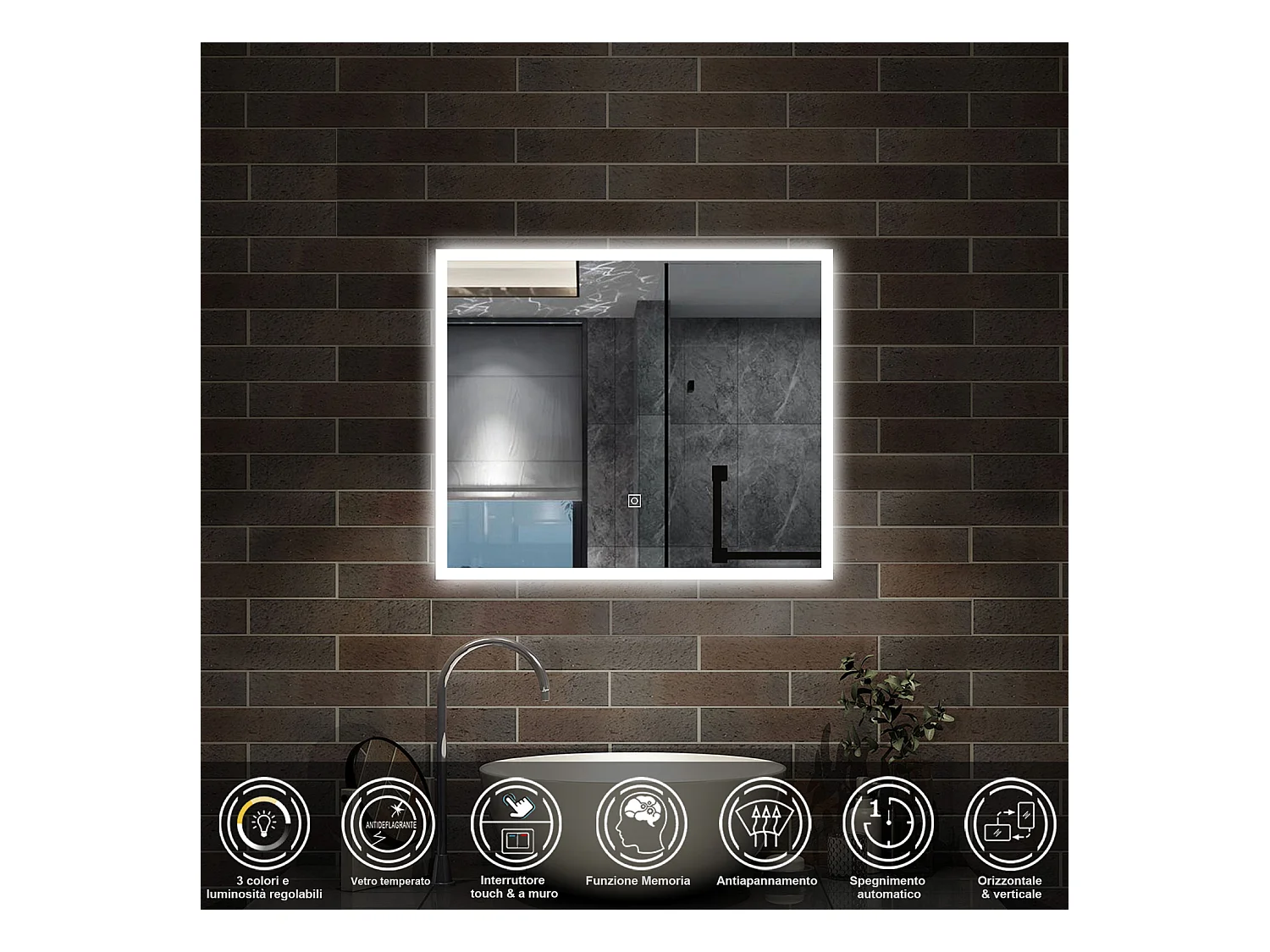 90 x 70 cm,AICA Specchio da Bagno LED con Luce, 3 Colori Regolabili,memoria, antiappannamento,CRI>90,autospegnimento