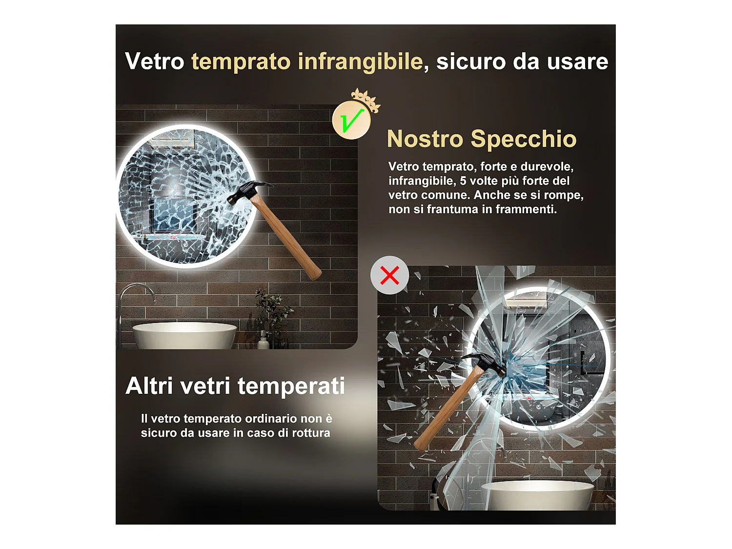 90 x 90 cm,AICA Specchio da Bagno LED con Luce, 3 Colori Regolabili,memoria, antiappannamento,CRI>90,autospegnimento