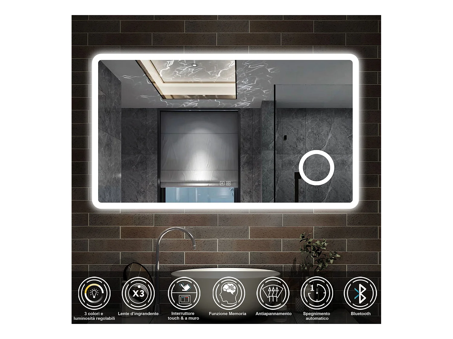 120 x 70 cm,AICA Specchio da Bagno LED con Luce, 3 Colori Regolabili,Blue tooth, Ingrandimento,memoria, antiappannamento,CRI>90,autospegnimento