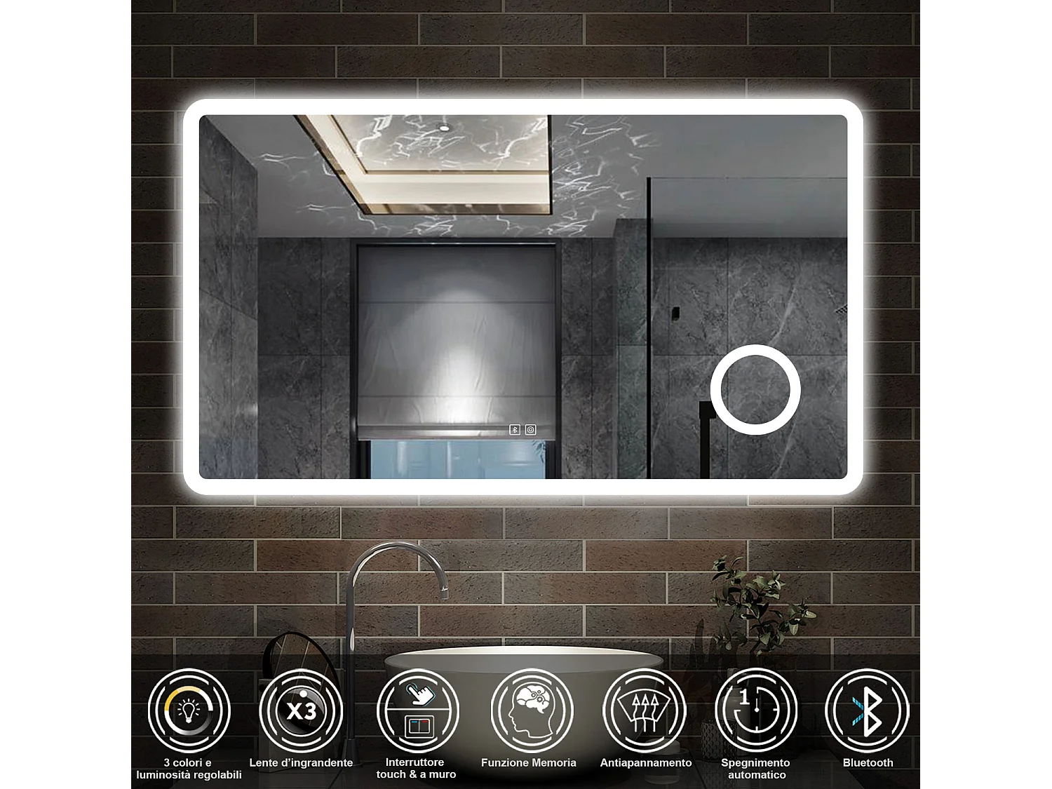 120 x 70 cm,AICA Specchio da Bagno LED con Luce, 3 Colori Regolabili,Blue tooth, Ingrandimento,memoria, antiappannamento,CRI>90,autospegnimento