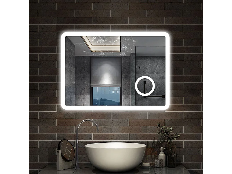 80 x 60 cm,AICA Specchio da Bagno LED con Luce, 3 Colori Regolabili,Blue tooth, Ingrandimento,memoria, antiappannamento,CRI>90,autospegnimento
