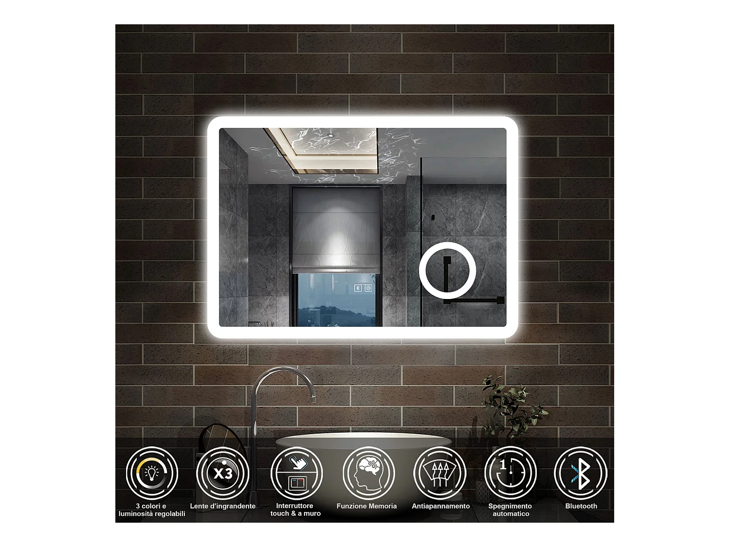 80 x 60 cm,AICA Specchio da Bagno LED con Luce, 3 Colori Regolabili,Blue tooth, Ingrandimento,memoria, antiappannamento,CRI>90,autospegnimento