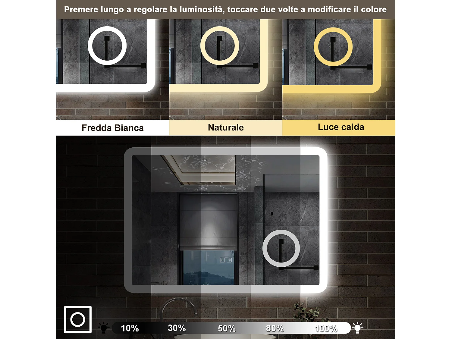 80 x 60 cm,AICA Specchio da Bagno LED con Luce, 3 Colori Regolabili,Blue tooth, Ingrandimento,memoria, antiappannamento,CRI>90,autospegnimento