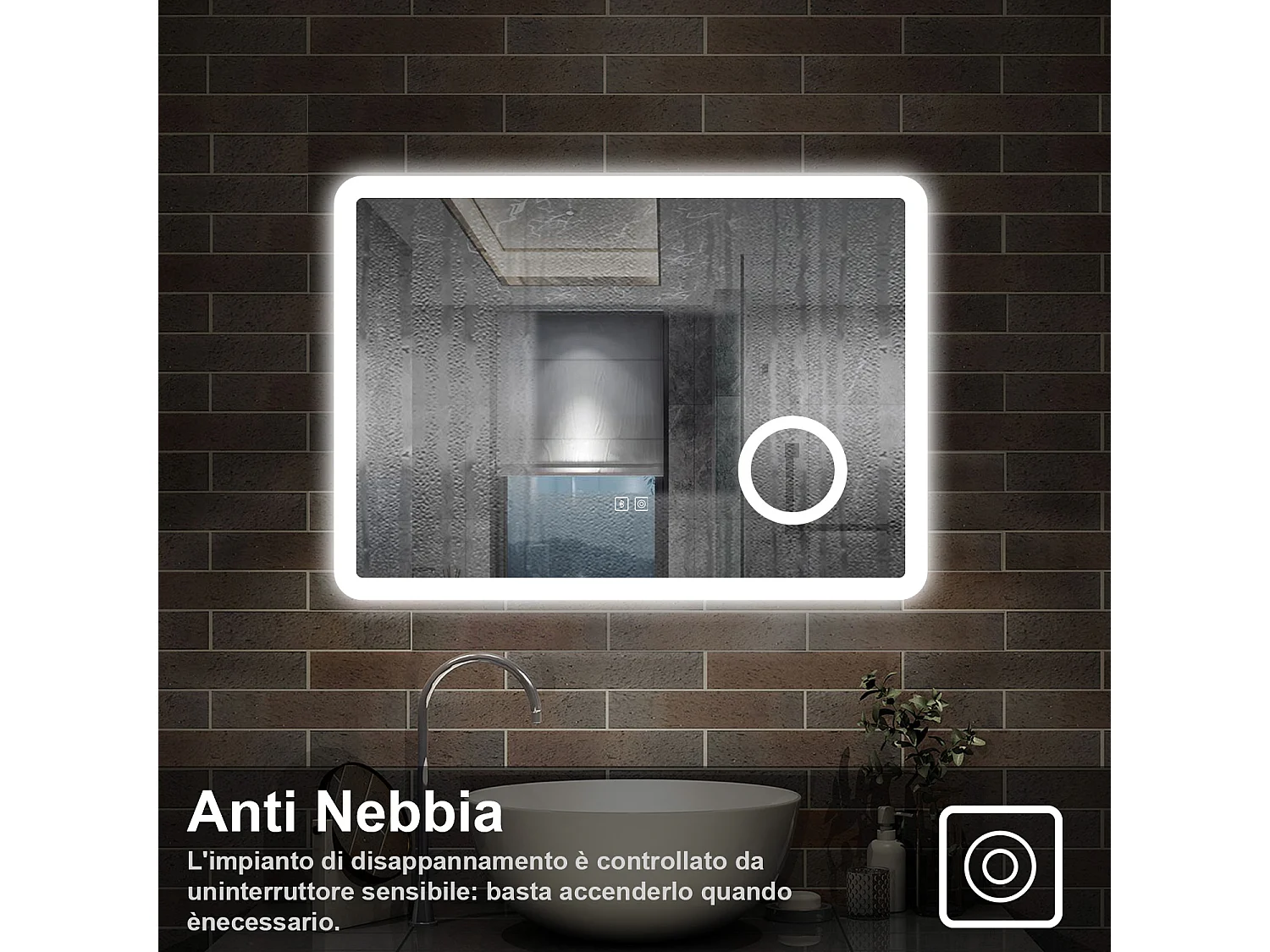 80 x 60 cm,AICA Specchio da Bagno LED con Luce, 3 Colori Regolabili,Blue tooth, Ingrandimento,memoria, antiappannamento,CRI>90,autospegnimento