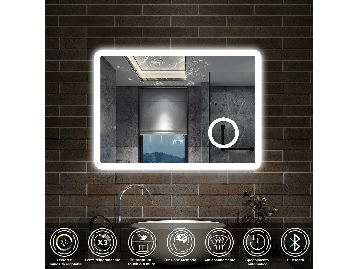 80 x 60 cm,AICA Specchio da Bagno LED con Luce, 3 Colori Regolabili,Blue tooth, Ingrandimento,memoria, antiappannamento,CRI>90,autospegnimento