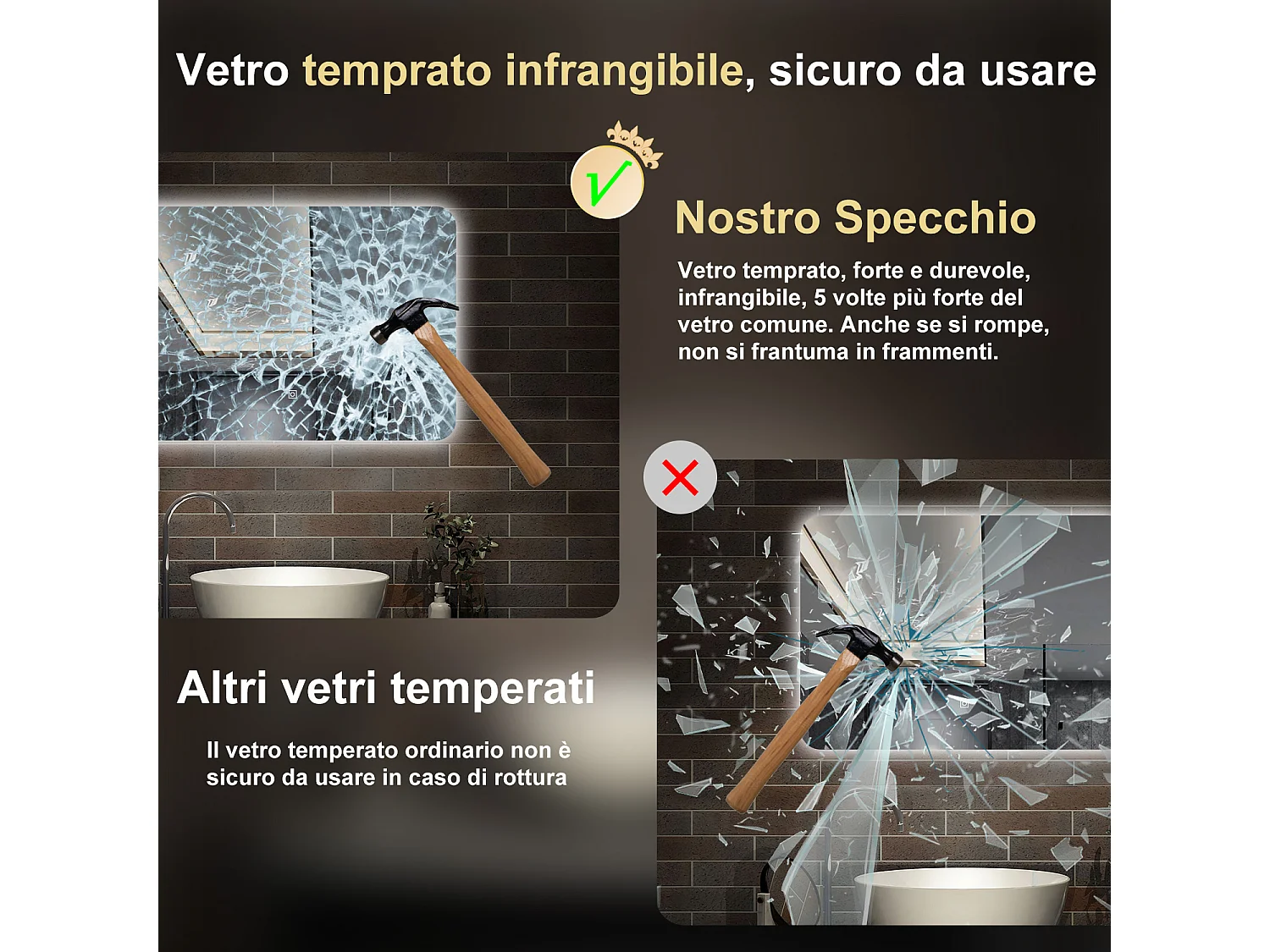 80 x 60 cm,AICA Specchio da Bagno LED con Luce,Regolabili,memoria,CRI>90,autospegnimento,interruttore touch