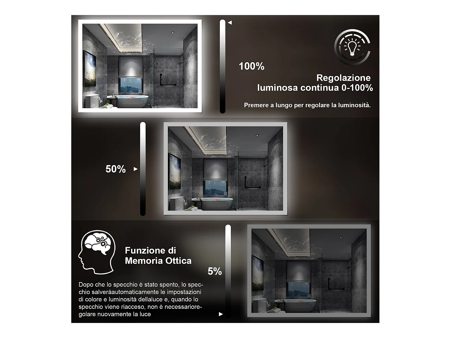 100 x 60 cm,AICA Specchio da Bagno LED con Luce, memoria, antiappannamento,CRI>90,autospegnimento,interruttore touch