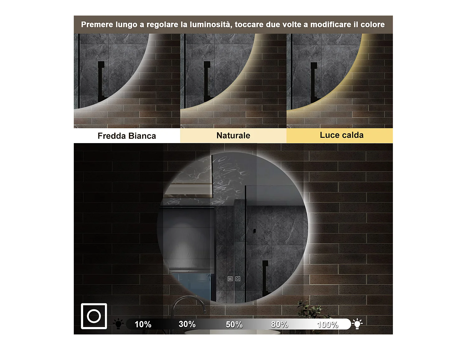 60 x 60 cm,AICA Specchio da Bagno LED con Luce, 3 Colori Regolabili,memoria, antiappannamento,CRI>90,autospegnimento