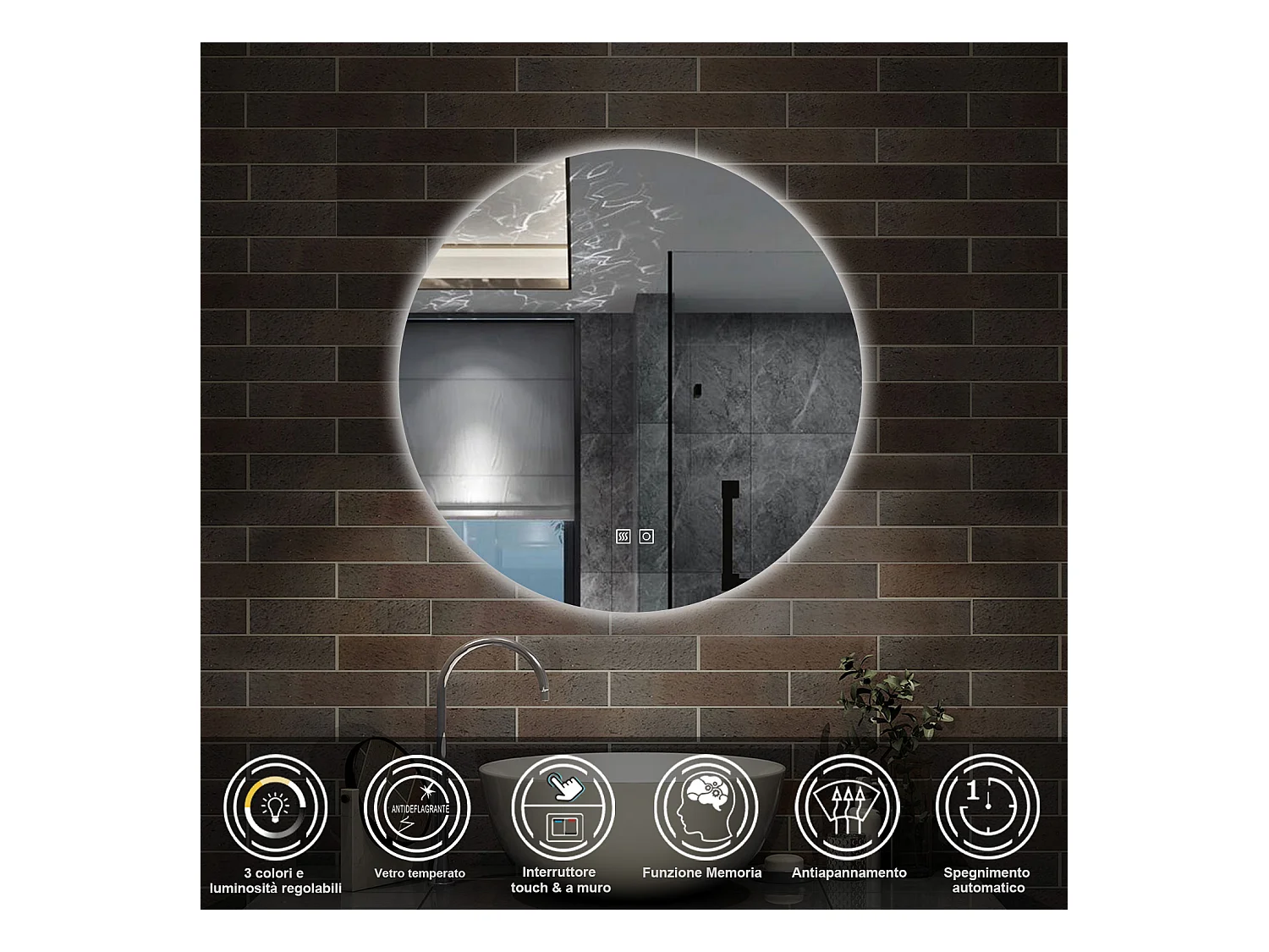 60 x 60 cm,AICA Specchio da Bagno LED con Luce, 3 Colori Regolabili,memoria, antiappannamento,CRI>90,autospegnimento