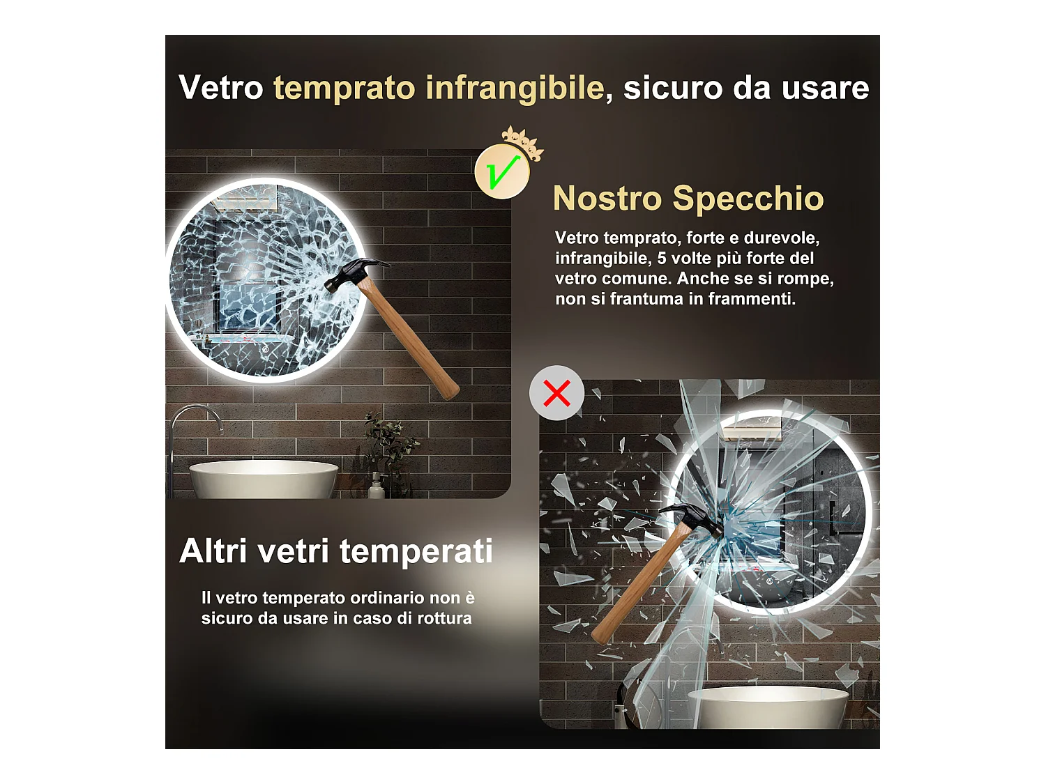 60 x 60 cm,AICA Specchio da Bagno LED con Luce, memoria, antiappannamento,CRI>90,autospegnimento,interruttore touch