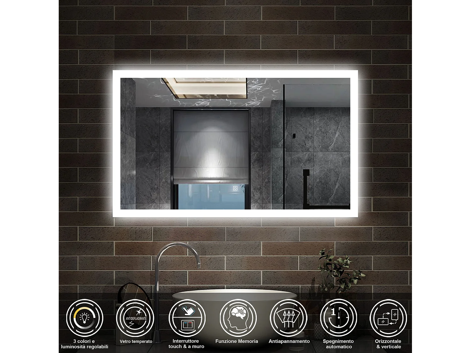 100 x 60 cm,AICA Specchio da Bagno LED con Luce, 3 Colori Regolabili,memoria, antiappannamento,CRI>90,autospegnimento