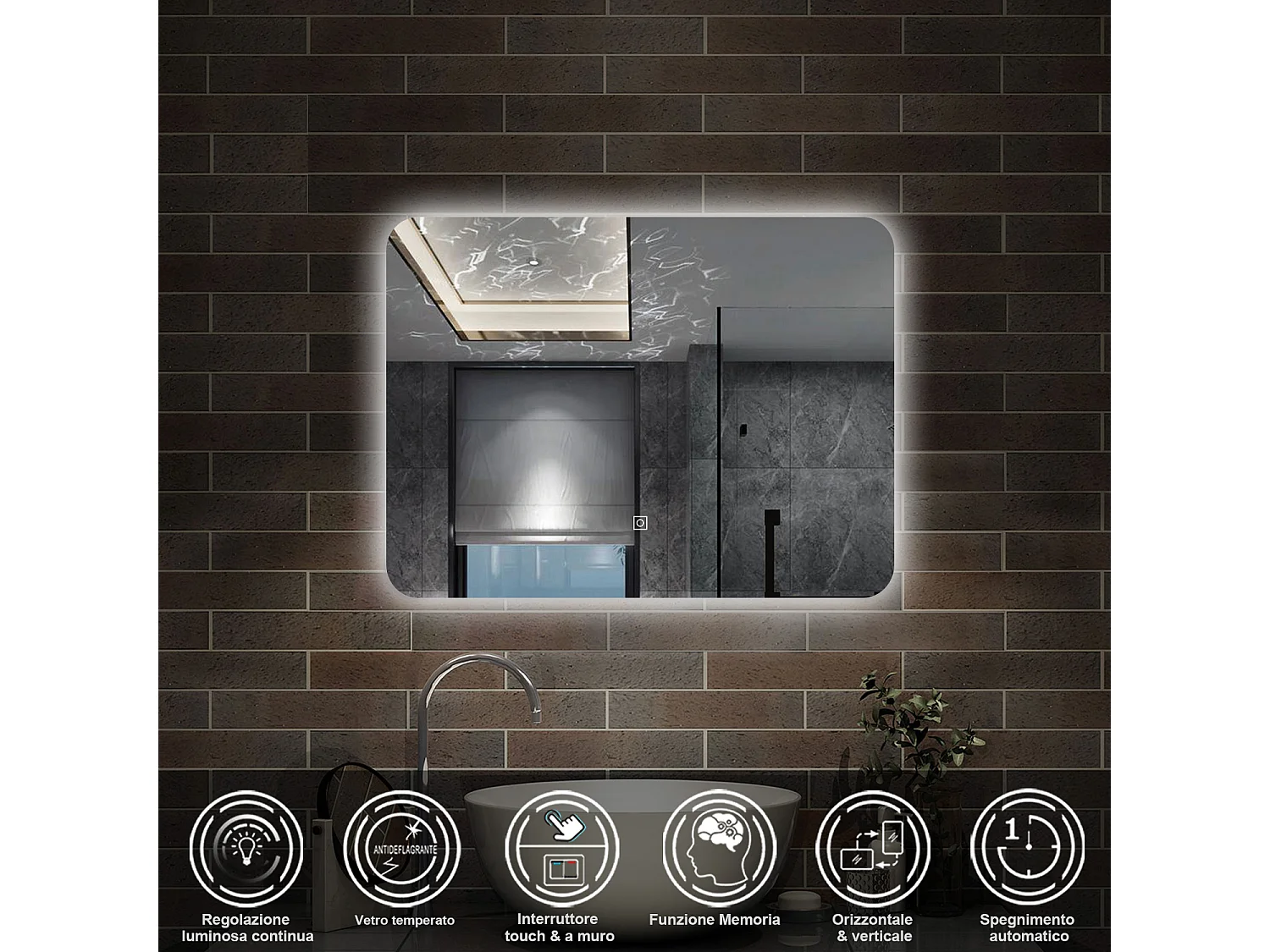 70 x 50 cm,AICA Specchio da Bagno LED con Luce,Regolabili,memoria,CRI>90,autospegnimento,interruttore touch