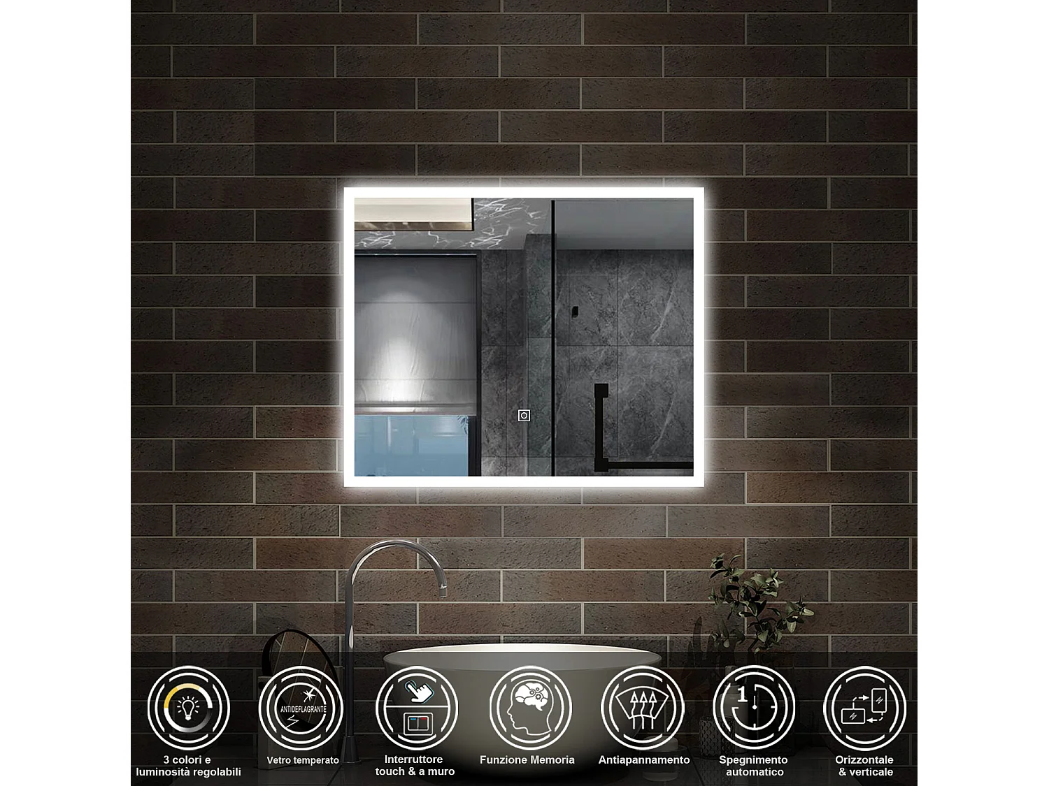 60 x 50 cm,AICA Specchio da Bagno LED con Luce, 3 Colori Regolabili,memoria, antiappannamento,CRI>90,autospegnimento