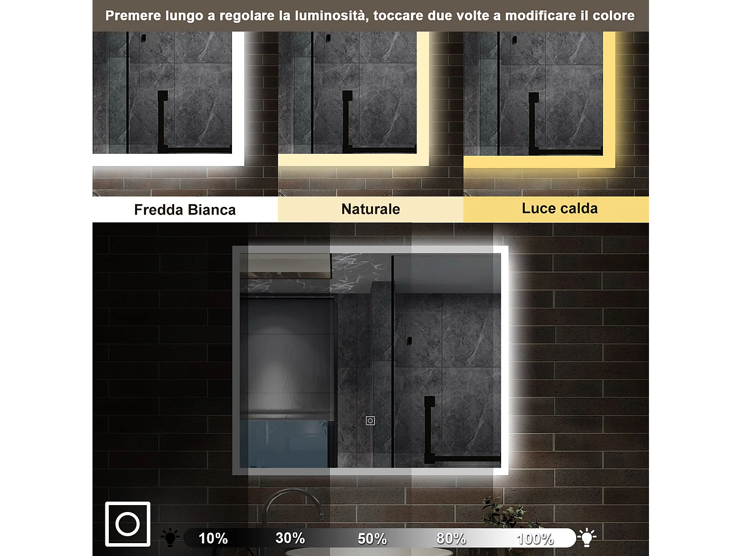 60 x 50 cm,AICA Specchio da Bagno LED con Luce, 3 Colori Regolabili,memoria, antiappannamento,CRI>90,autospegnimento