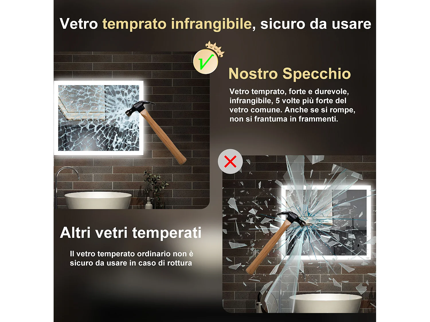 60 x 50 cm,AICA Specchio da Bagno LED con Luce, 3 Colori Regolabili,memoria, antiappannamento,CRI>90,autospegnimento