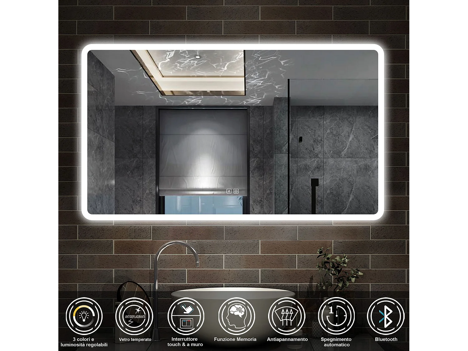 120 x 70 cm,AICA Specchio da Bagno LED con Luce, 3 Colori Regolabili,Blue tooth,memoria, antiappannamento,CRI>90,autospegnimento