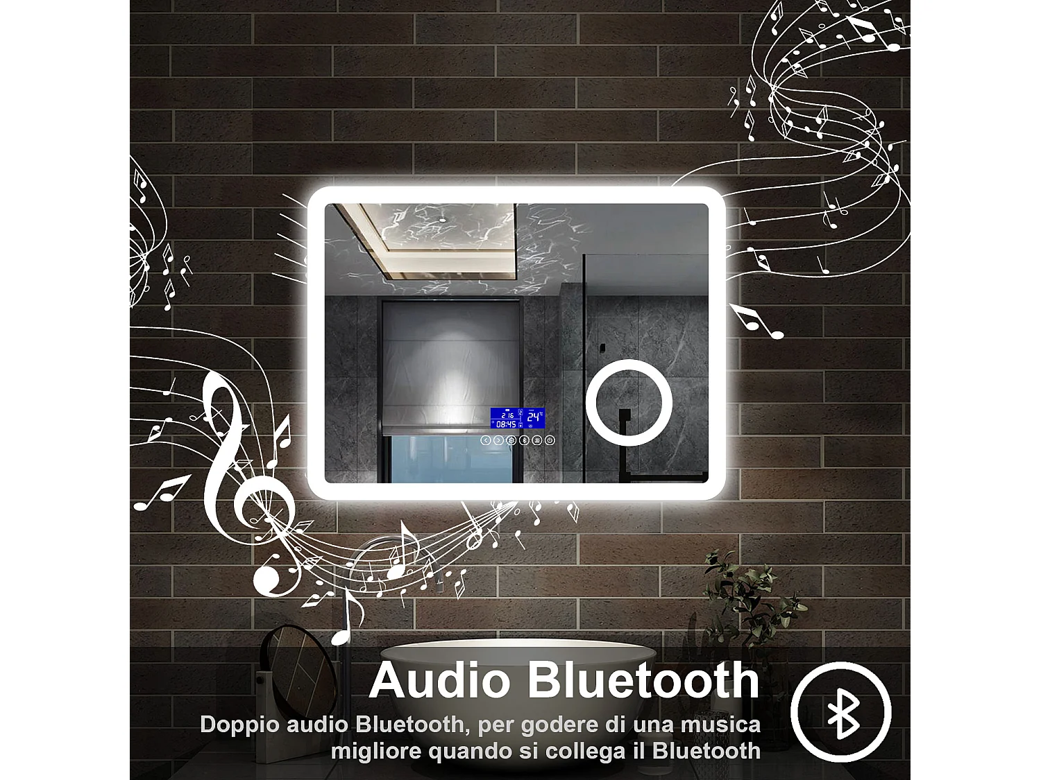 80 x 60 cm,AICA Specchio da Bagno LED con Luce, 3 Colori Regolabili,Blue tooth, Ingrandimento, orologio,memoria, antiappannamento,CRI>90,autospegnimento