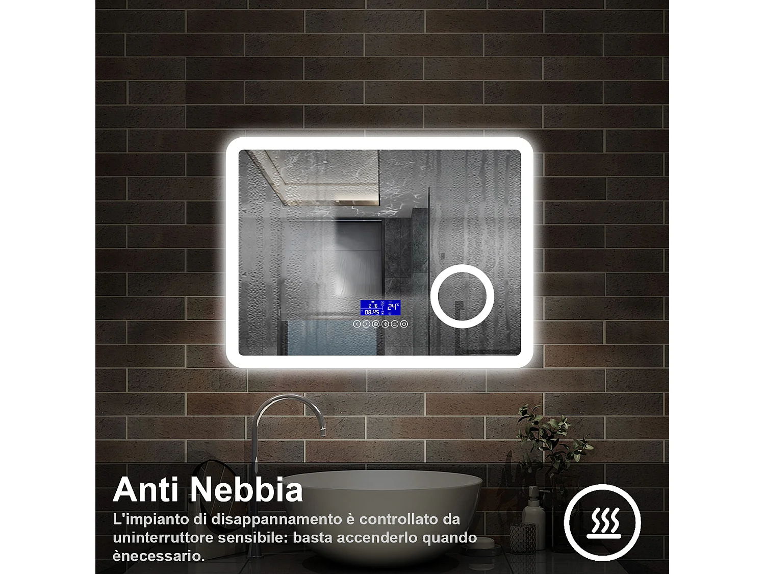 80 x 60 cm,AICA Specchio da Bagno LED con Luce, 3 Colori Regolabili,Blue tooth, Ingrandimento, orologio,memoria, antiappannamento,CRI>90,autospegnimento