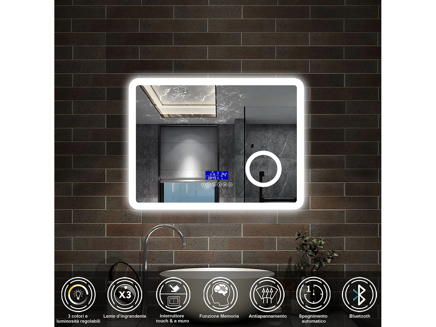 80 x 60 cm,AICA Specchio da Bagno LED con Luce, 3 Colori Regolabili,Blue tooth, Ingrandimento, orologio,memoria, antiappannamento,CRI>90,autospegnimento