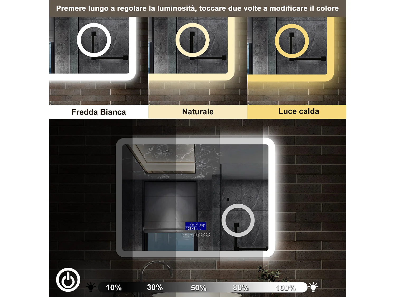 80 x 60 cm,AICA Specchio da Bagno LED con Luce, 3 Colori Regolabili,Blue tooth, Ingrandimento, orologio,memoria, antiappannamento,CRI>90,autospegnimento