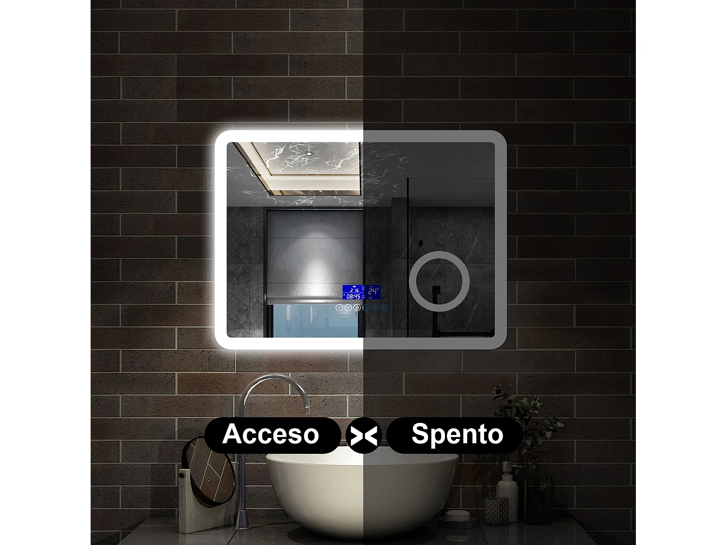 80 x 60 cm,AICA Specchio da Bagno LED con Luce, 3 Colori Regolabili,Blue tooth, Ingrandimento, orologio,memoria, antiappannamento,CRI>90,autospegnimento