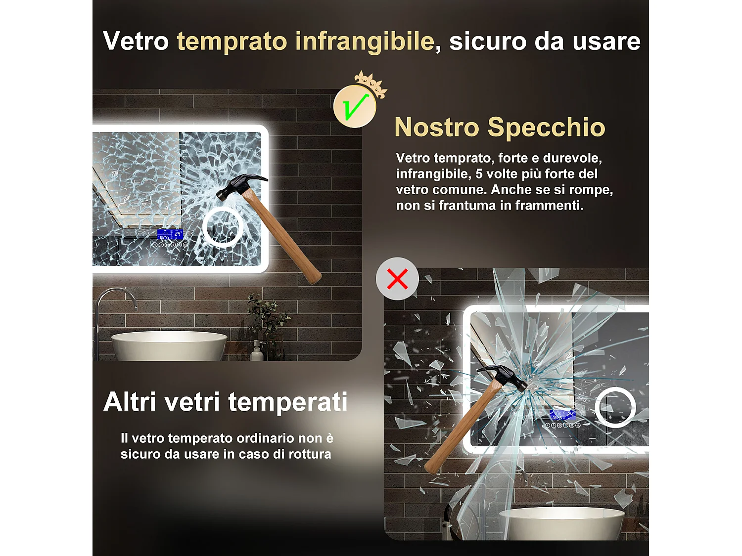 80 x 60 cm,AICA Specchio da Bagno LED con Luce, 3 Colori Regolabili,Blue tooth, Ingrandimento, orologio,memoria, antiappannamento,CRI>90,autospegnimento