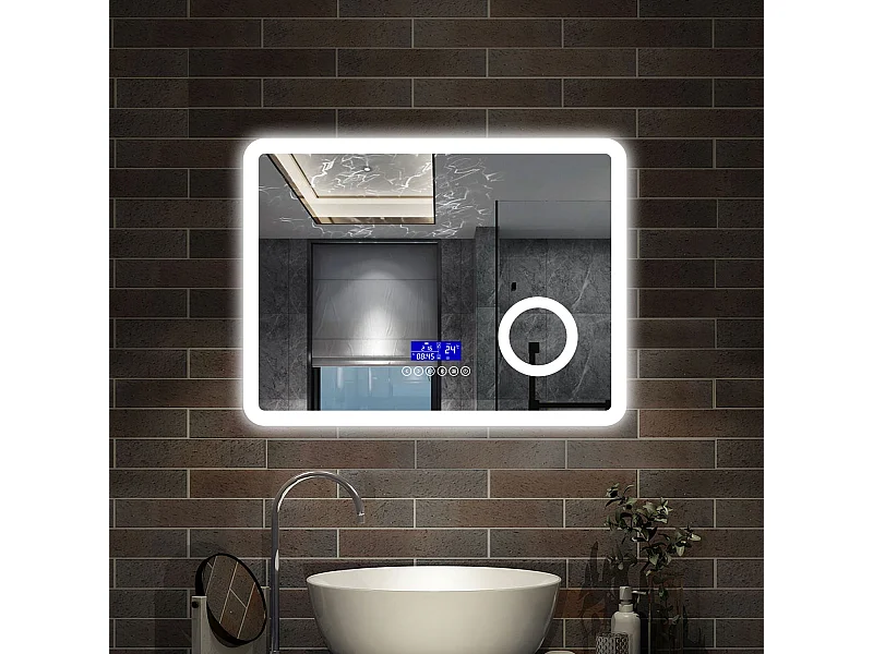 80 x 60 cm,AICA Specchio da Bagno LED con Luce, 3 Colori Regolabili,Blue tooth, Ingrandimento, orologio,memoria, antiappannamento,CRI>90,autospegnimento