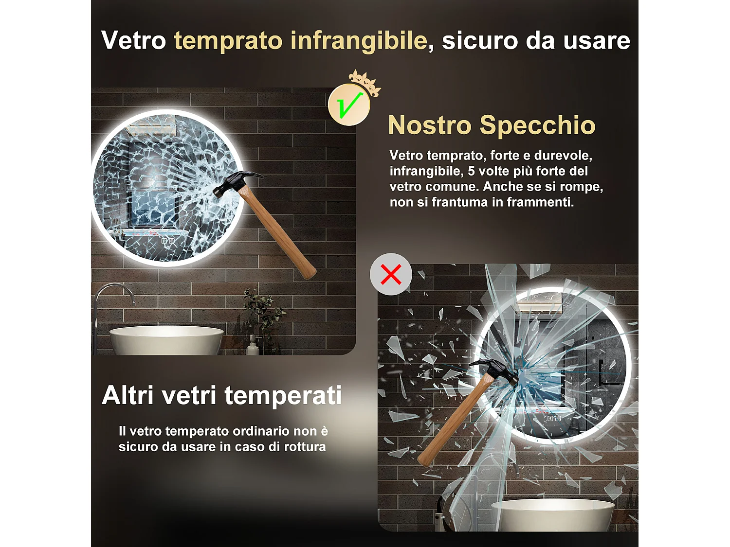 70 x 70 cm,AICA Specchio da Bagno LED con Luce, 3 Colori Regolabili,Blue tooth,memoria, antiappannamento,CRI>90,autospegnimento