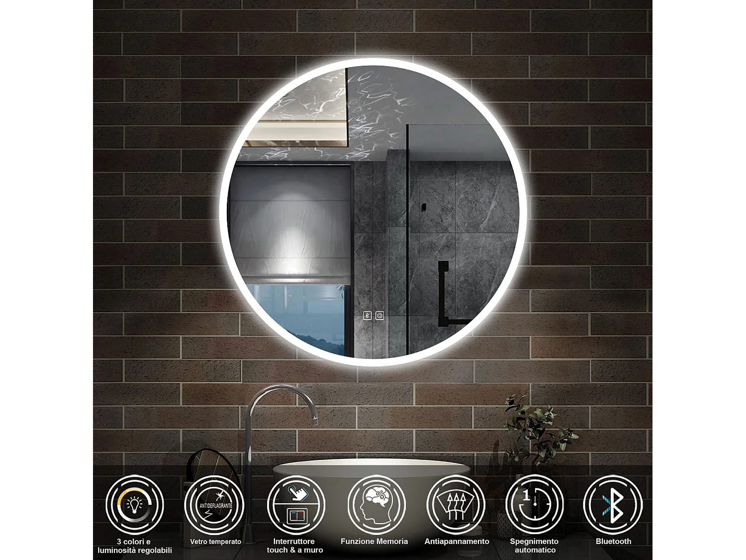 70 x 70 cm,AICA Specchio da Bagno LED con Luce, 3 Colori Regolabili,Blue tooth,memoria, antiappannamento,CRI>90,autospegnimento