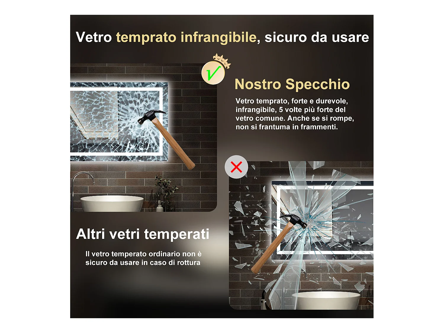 70 x 50 cm,AICA Specchio da Bagno LED con Luce, 3 Colori Regolabili,memoria, antiappannamento,CRI>90,autospegnimento