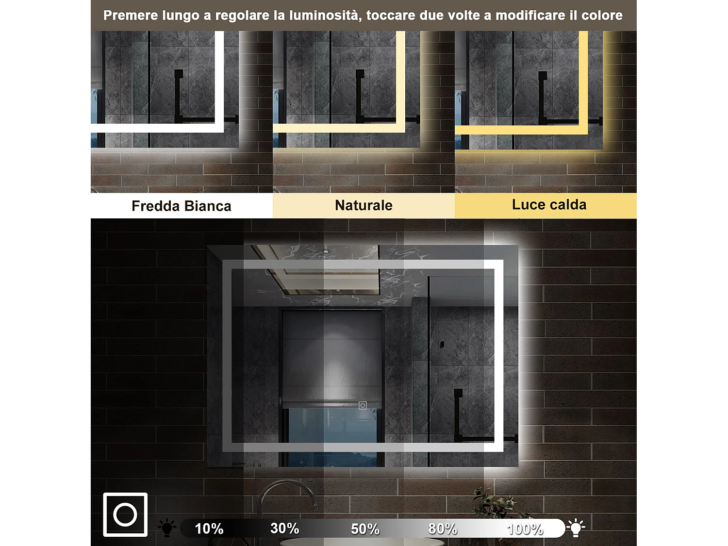 70 x 50 cm,AICA Specchio da Bagno LED con Luce, 3 Colori Regolabili,memoria, antiappannamento,CRI>90,autospegnimento